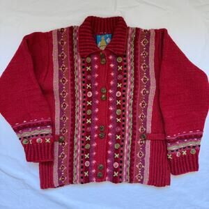Newari Handcrafted in Nepal Wool Sweater, Red w/ Wood  Buttons, EUC, S/M